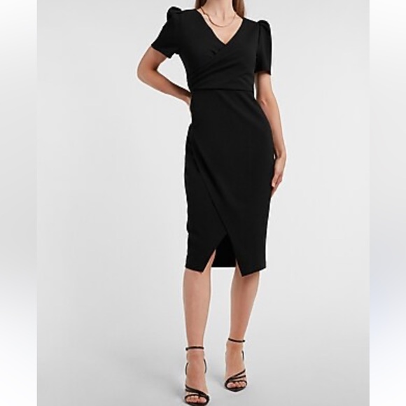 Puff Sleeve Wrap Front Sheath Dress | Express - Picture 1 of 8